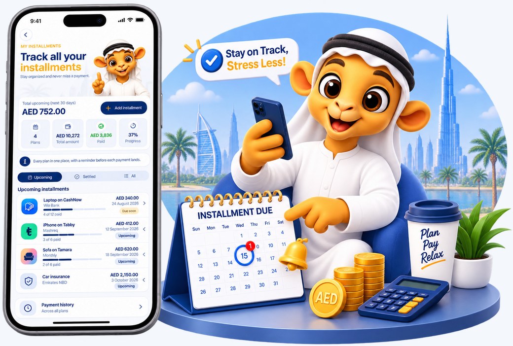 The installments screen beside a calendar marking the next payment due.