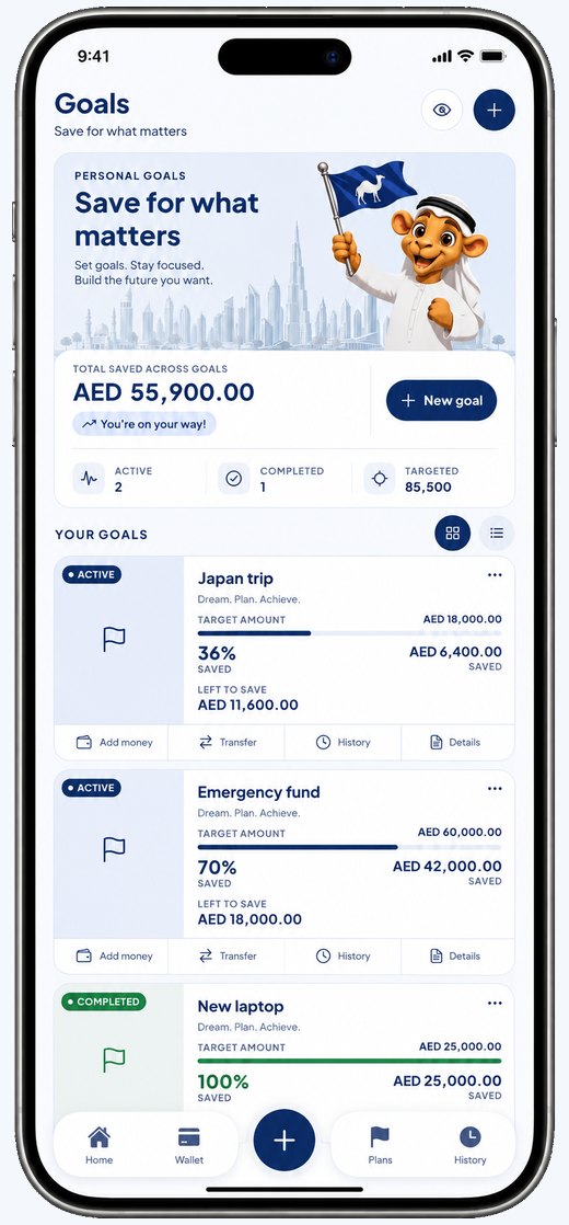The goals screen, with savings goals and how far each one has filled.