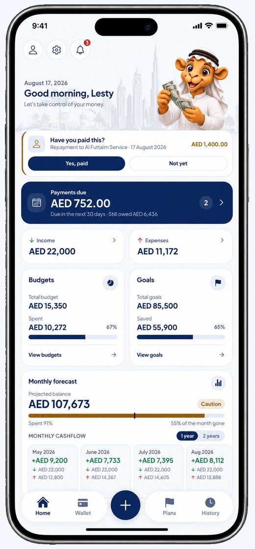 The Maal home screen: the month’s income and expenses, budgets, goals and what is due next.